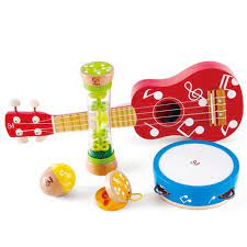 ★【15 types 22pcs toddler musical instruments】: Hape E0339 Kids Toddler Preschool 5 Piece Wooden Musical Instrument Toy Mini Band Set With Ukulele Tambourine Clapper Rattle And Rain Stick Target