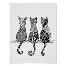 Black And White Cat Pictures To Print Three Black And White Cats Print Zazzle Com Mandala Design Art Zentangle Art Zentangle Drawings
