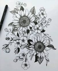 Black And White Line Art Sunflower Drawing Rose Drawing Easy Sunflowers Intertwined With Other Flowers Black And White Pencil Sketch In 2020 Black Rose Tattoos Rose Tattoos Sunflower Drawing