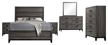 In addition, ultrahyde fabric tufted and upholstered headboard creates a glamourous and sensual focal point in your bedroom. Asheville 6 Piece Bedroom Set Queen Gray Wood Modern Panel Bed Dresser Mirror Chest 2 Nightstands Walmart Com Walmart Com
