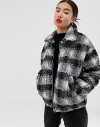 Black And White Checkered Jacket Womens New Look Brushed Check Teddy Borg Winter Coat In Black Black And White Plaid Bomber Jacket Borg Jacket Womens Spring Coat Jackets