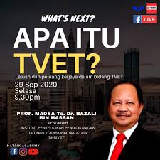 Tvet merupakan pendidikan dan latihan teknikal dan vokasional (tvet) termasuk pembelajaran formal, tidak formal dan tidak formal yang mempersiapkan orang muda dengan pengetahuan dan kemahiran yang diperlukan dalam dunia kerja. Apa Itu Tvet Malaysia