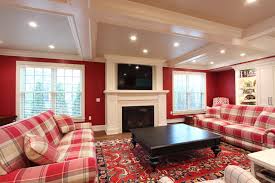 Fireplace with beautiful decorations in comfortable living room. Tv Above Gas Fireplace With Marble Tile Surround In Red Family Room Transitional Games Room Other By Denise Quade Design Houzz Ie