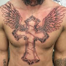 Temporary tattoos for men waterproof large tattoos stickers cross god of war knight pterosaur warrior wing back chest shoulders arm body art removable (pattern 1) 4.4 out of 5 stars 82 $7.99 $ 7. Large Cross With Angel Wings Tattoo Design On Chest For Men