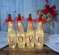 LOVE set of 4 wine bottles with decorative lights. Decoupage, red letters,  red matching ribbon. Great gift for wedding,shower, birthday,etc.