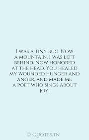 Find the best left behind quotes, sayings and quotations on picturequotes.com. I Was A Tiny Bug Now A Mountain I Was Left Behind Now Honored At The Head You Healed My Wounded Hunger And Anger And Made Me A Poet Who Sings About