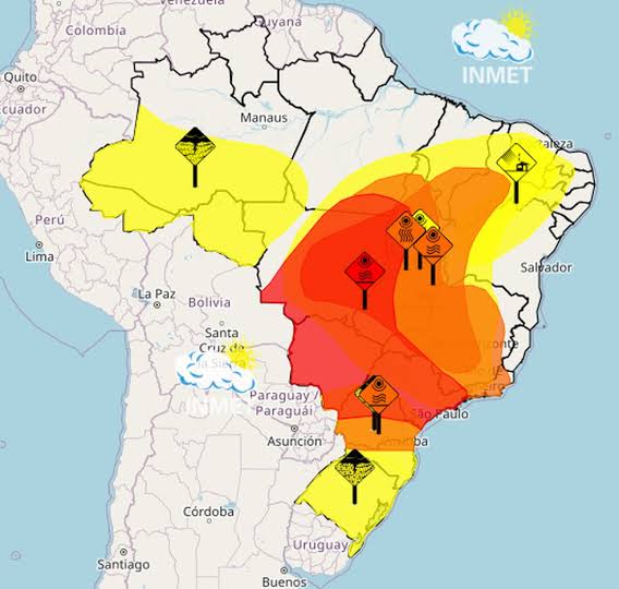 Mapa de alertas do Inmet com áreas afetadas, gerada com IA