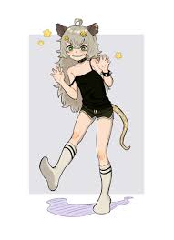 possummachine, thabfu, macci (possummachine), original, absurdres, highres,  1girl, ahoge, black shorts, borrowed character, bracelet, bright pupils,  camisole, claw pose, dolphin shorts, emoji, female focus, full body, green  eyes, grey hair, grin, hair ...