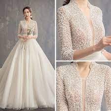 Chinese Style Ivory Wedding Dresses 2019 A Line Princess V Neck 3 4 Sleeve Handmade Beading Glitter Tulle Cathedral Train Ruffle Wedding Gowns With Sleeves Wedding Dresses Unique Ivory Wedding Dress