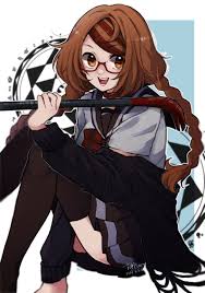 mushiri komai, sakimiya misaki, dead mount death play, absurdres,  commission, highres, skeb commission, 1girl, :d, black sailor collar, brown  hair, crowbar, glasses, holding, holding crowbar, looking at viewer,  off-shoulder sweater, off shoulder,