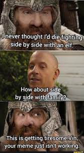 Something Something Family Never Thought I D Die Fighting Side By Side With An Elf How About Side By Side With Family This Is Getting Tiresome Vin Your Meme Just Isn T Working
