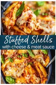 Stuffed Shells With Meat And Cheese Are A Delicious Pasta Dish You Can Make For Dinner Any Ni Stuffed Pasta Shells Stuffed Shells With Meat Jumbo Shell Recipes
