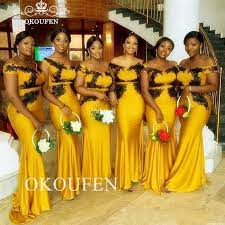 Gold Yellow Mermaid Bridesmaid Dresses With Black Appliques Off Shoulder Long We Yellow Bridesmaid Dresses Mermaid Bridesmaid Dresses Womens Bridesmaid Dresses