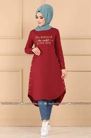 Modaselvim Tunik Yazi Baskili Tesettur Tunik Tkm2725 Bordo Tunik Moda Stilleri Elbiseler