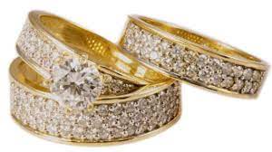 10k Gold Engagement Wedding Trio Ring Set With Cubic Zirconia Wedding Ring Trio Sets Round Diamonds Wedding Band Engagement Rings Bridal Sets