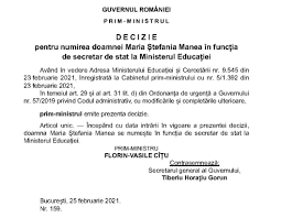 Ministerul educaţiei, culturii și cercetării anunță lista candidaților admiși la concursul pentru ocuparea funcțiilor de director ai instituțiilor de învățământ, după cum urmează: Oficial Maria Manea A Fost NumitÄƒ Secretar De Stat La Ministerul EducaÈ›iei Mihaela Popa È™i DragoÈ™ RÄƒdulescu Au Fost EliberaÈ›i Din FuncÈ›ii Edupedu Ro