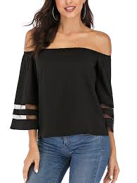 Lelinta Women Lightweight Blouses T Shirts V Neck 3 4 Bell Sleeve Off The Shoulder Fitted Tops Black Walmart Com