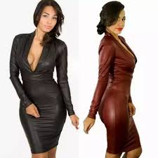Seven Seas Sale 2 Colors Women Plunging V Neck Long Sleeve Faux Leather Dress Dresses Free Shipping Leather Dresses