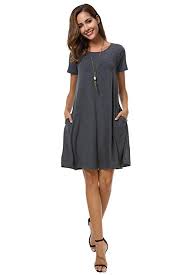 Summer Women S Plain Short Sleeve Pockets Pleated Loose Swing Casual Midi Dress Knee Length Light Blue With F Midi Dress Casual Shirt Dress Knee Length Dresses