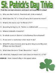 Trivia questions, facts and quizzes Ten St Patrick S Day Trivia Questions To Use In The Classroom This Will Work Well Independently St Patrick S Day Trivia St Patrick Day Activities St Patrick