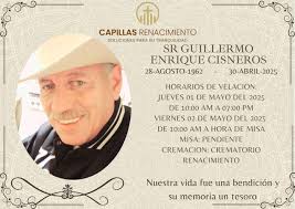 Buenas noches A nuestro compañero y amigo Guillermo Enrique Cisneros  Pacheco le enviamos nuestras mas sentidas condolencias por el fallecimiento  de su padre, el Sr. GUILLERMO ENRIQUE CISNEROS. Descanse en paz.