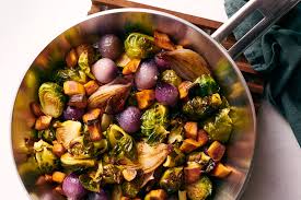 Roasted Brussels Sprouts And Onions With Mushroom Lardons Recipe Recipe In 2020 Roasted Brussel Sprouts Brussel Sprouts Stuffed Mushrooms