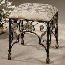 Bathroom Furniture Elegant Backless Vanity Chair With Ornate Gilded Wrought Iron Frame And Square Fabric Uphols Vanity Stool Vanity Chair Bathroom Vanity Chair