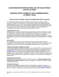 Pdf Cuestionario Internacional De Actividad Fisica Octubre De 2002 Version Corta Formato Auto Administrado Ultimos 7 Dias Para Uso Con Jovenes Y Adultos De Mediana Edad 15 69 Anos Claudio Gonzalez Academia Edu