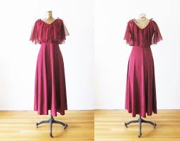 70s Dress Vintage 1970s Midi Dress Burgundy Red Long Disco Dress Chiffon Flutter Sleeve Dress Vintage Dresses Dresses 70s Dress