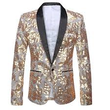 Black And Gold Blazer Mens Pyjtrl Men Fashion Velvet Sequins Floral Pattern Suit Jacket Blazer At Amazon Men S Clothing Store Blazer Designs Jackets Men Fashion Slim Fit Blazers