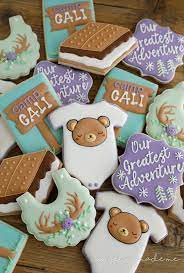 Camping Outdoor Themed Baby Shower Decorated Sugar Cookies S Mores Baby Bear Onesies Camp Signs Baby Shower Cookies Baby Cookies Sugar Cookies Decorated