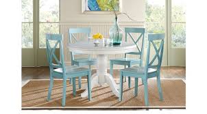 Massive rustic oak round dining table featuring a zinc top with a blonde hardwood surround. Brynwood White 5 Pc Pedestal Dining Set Blue Chairs Round Rustic