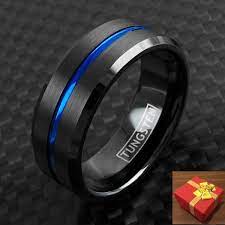 Black Tungsten Ring Thin Blue Line Brushed Band Men Women Engraving Available Dukeofbling Band Yuzuk Taki