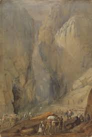 Balochs in the Bolan Pass (sniping down the British invaders passing through their territory towards Kandahar), 1839. Sketch by James Atkinson.