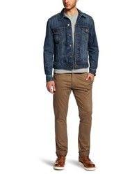 Tenue Veste En Jean Bleu Marine Pull A Col Rond Bleu Marine T Shirt A Manche Longue Blanc Pantalon Chino Olive Veste En Jean Bleu Veste En Jean Pantalon Chino