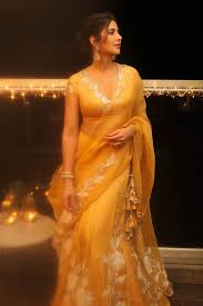 Katrina Kaif in Devnaagri's Mango Yellow Embroidered Cotton Silk Satin  Lehenga Set
