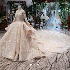 Unnachahmlich, leichte und komfortable brautkleider begeistern in femininen silhouetten. Luxus Herrlich Champagner Ballkleid Brautkleider Hochzeitskleider 2020 Lange Armel V Ausschnitt Tulle 3d Spitze Handgefertigt Perlenstickerei