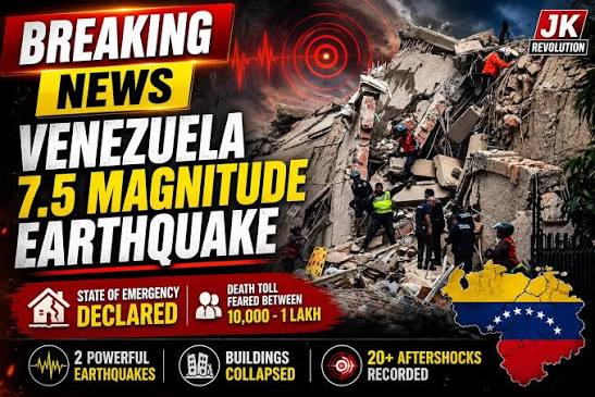BreakingNews Venezuela 7.5 Magnitude earthquake: State of emergency declared; Death toll feared between 10,000 and 1 lakh Venezuela's interim President Delcy Rodriguez on Wednesday declared a nationwide state of emergency after two