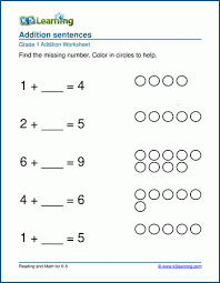 Math worksheets for grade 1 to print, download, and use online. Addition Sentences Worksheets K5 Learning