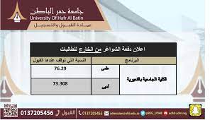 أعلنت جامعة حفر الباطن ممثلة بعمادة القبول والتسجيل، عن بدء استقبال طلبات الالتحاق بالجامعة للعام الجامعي القادم 1443هـ، وذلك عبر بوابة القبول الإلكترونية للجامعة، ابتداء من يوم الثلاثاء 17 ذي الحجة. Ø¹Ù…Ø§Ø¯Ø© Ø§Ù„Ù‚Ø¨ÙˆÙ„ ÙˆØ§Ù„ØªØ³Ø¬ÙŠÙ„ Ø­ÙØ± Ø§Ù„Ø¨Ø§Ø·Ù†