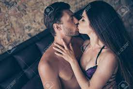 So Long Desired Kiss! Side Profile View Photo Of Seductive Hot Tempting  Romantic Sexual Beautiful Attractive Cute Horny Handsome Charming Alluring  Kiss With Tongue Between Wife And Husband Stock Photo, Picture and