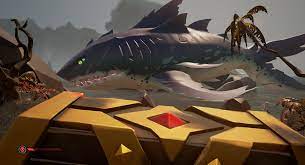 There is the hungering one which is blue with a glowing fin, the killing a megalodon award you chests, skulls, trinkets, and about three pieces of megalodon meat. The Beached Megalodon Seaofthieves