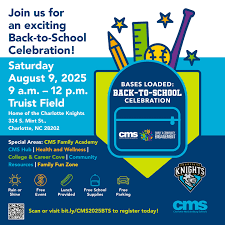 ¡Reserva la fecha! Nuestra celebración de regreso a clases para el año escolar 2025-26 es el 9 de agosto en el Truist Field. ¡Únete a nosotros para obtener información útil, muchos regalos y un almuerzo gratis! ¡No te lo pierdas!