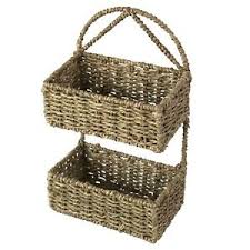 14.75 rattan wicker coil basket diamond woven tray handles wall hanging boho. Wall Hanging Storage Basket 2 Tiers Rec Rustic Wicker Wall Mounted Storage Ebay