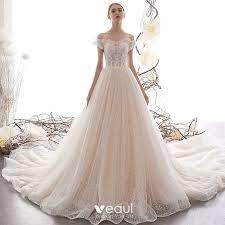 Die ehe ist ein wichtiger und unvergesslicher tag für jede frau. Beste Champagner Spitze Brautkleider Hochzeitskleider 2019 A Linie Off Shoulder Geschwollenes Kurze Armel Ruckenfreies Applikationen Spitze