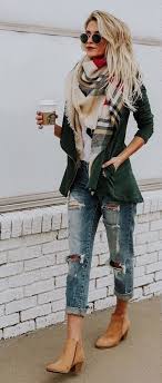 Green Black And Brown Outfits Fall Outfits Women S Green Full Zip Jacket Brown And Black Plaid Scarf Perfect Winter Outfit Fashion Trends Winter Fashion