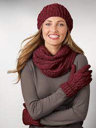 Nod to neon beanies and brush shoulders with the street stylers, be a boho babe in a derby hat and get sultry in a fedora to make your top half a talking point. Haband Cable Knit Hat Scarf Gloves