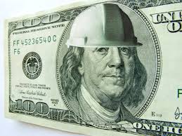 Ben Franklin Wearing Construction Hard Hat One Hundred Dollar Bill Stock  Photo