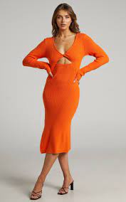 Irmia Twist Front Knit Midi Dress in Orange | Showpo