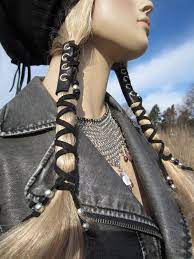 Corset Hair Wraps Black Leather Tie Beaded Ponytail Holder Etsy Hair Wraps Black Leather Corset Hair Styles